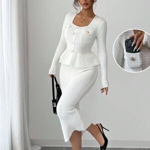 Elegant White Knit Skirt Set